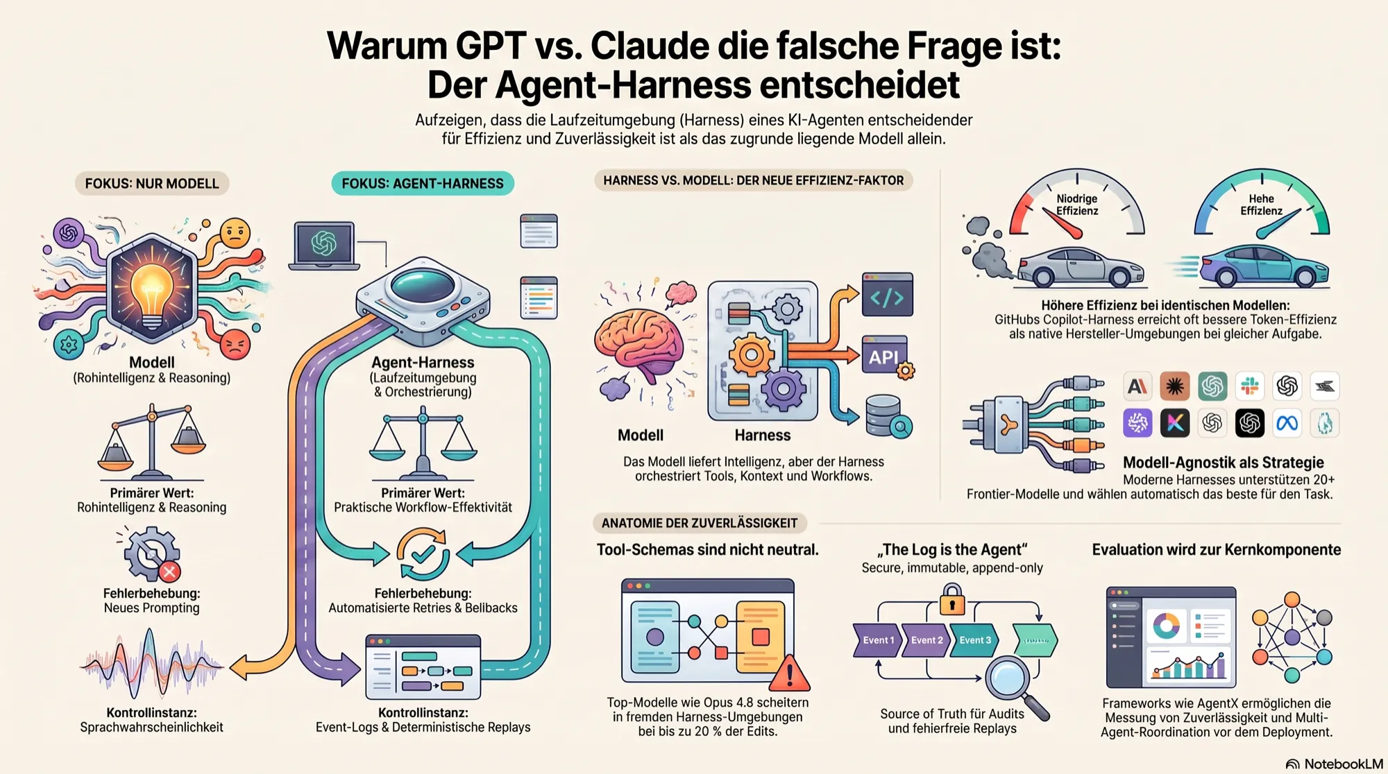 Infografik: Modell vs. Agent-Harness – Vergleich von Rohintelligenz und Laufzeitumgebung, Effizienz-Vorteile durch bessere Harnesses, Modell-Agnostik, Tool-Schemas, Event-Logs und Evaluation als Kernkomponenten