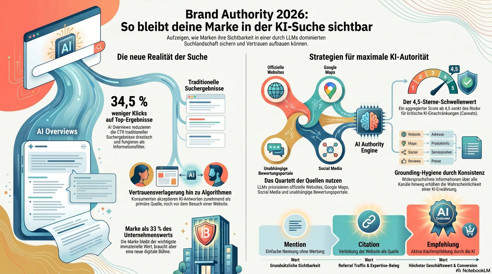Infografik Brand Authority in der KI-Suche: AI Overviews senken Klicks um 34,5 Prozent, LLMs grounden über vier Quellentypen, Stufenmodell aus Mention, Citation und Empfehlung.