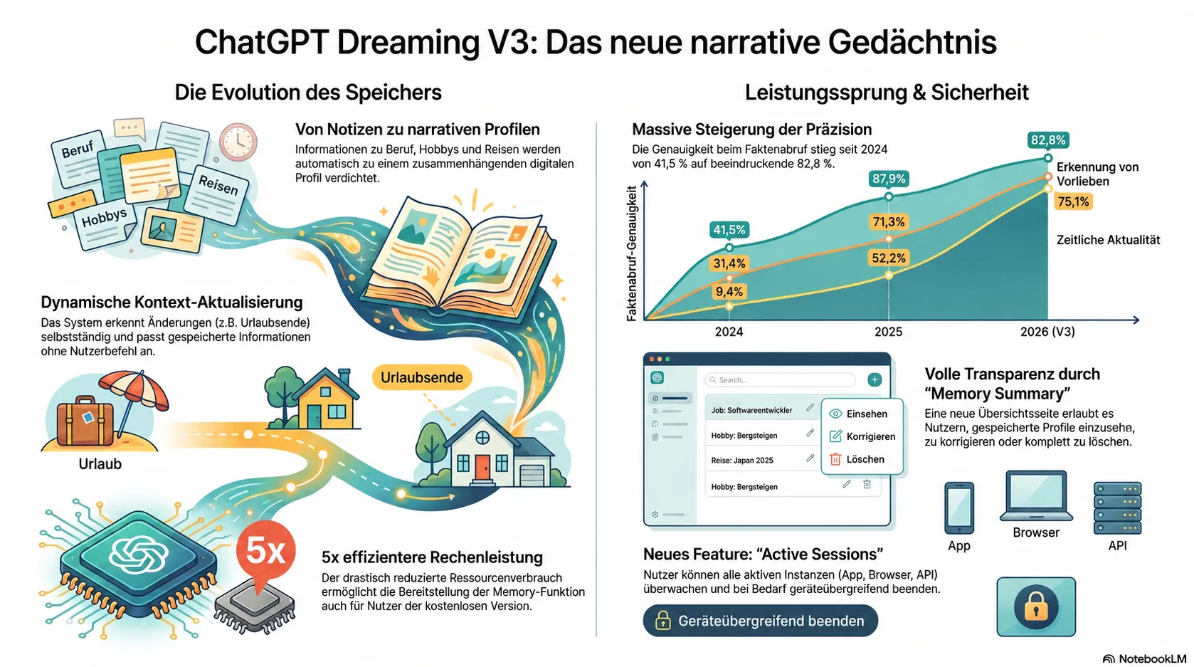 Infografik zu ChatGPT Dreaming V3: Evolution vom Notizzettel zum narrativen Profil, Leistungssprung beim Faktenabruf auf 82,8 Prozent, fünffach geringere Rechenlast und Memory-Summary-Kontrolle