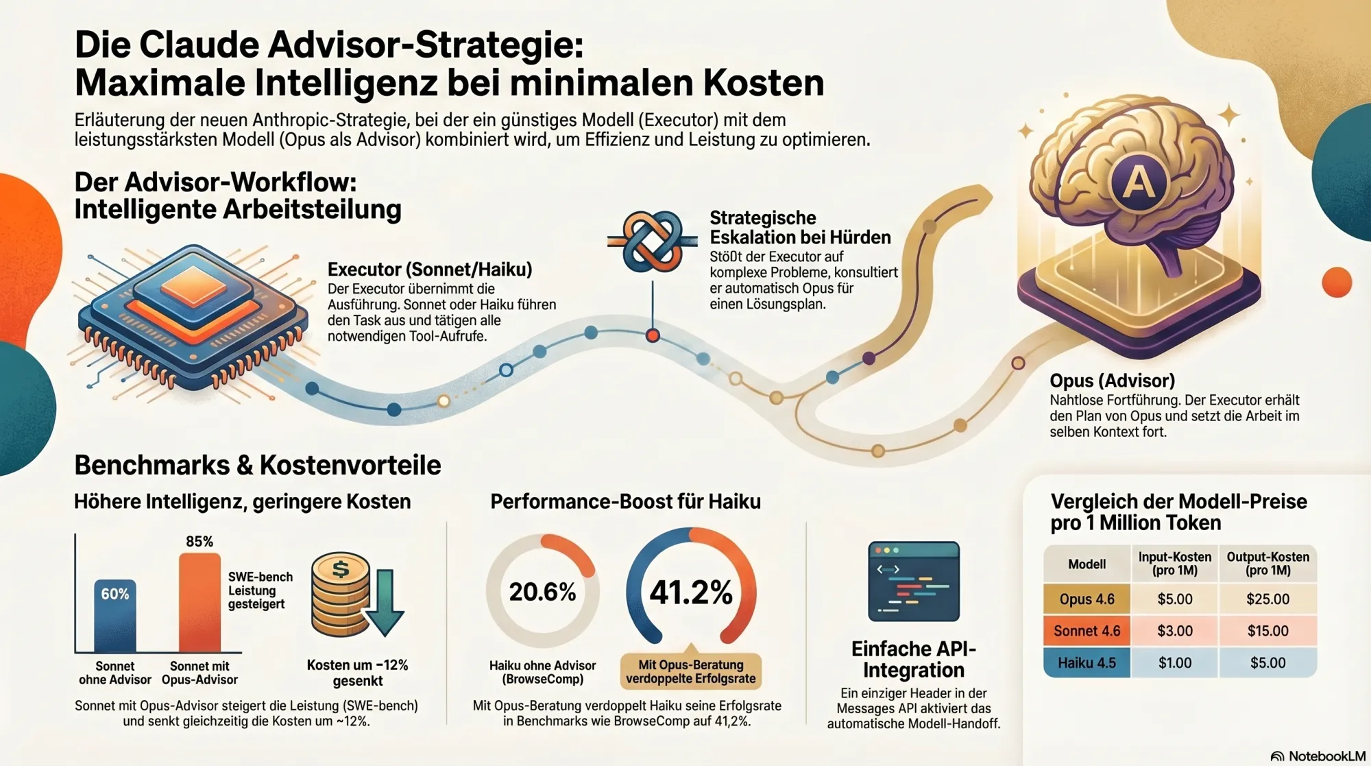 Infografik zur Claude Advisor-Strategie: Workflow zwischen Executor und Opus-Advisor, Benchmarks und Kostenvorteile