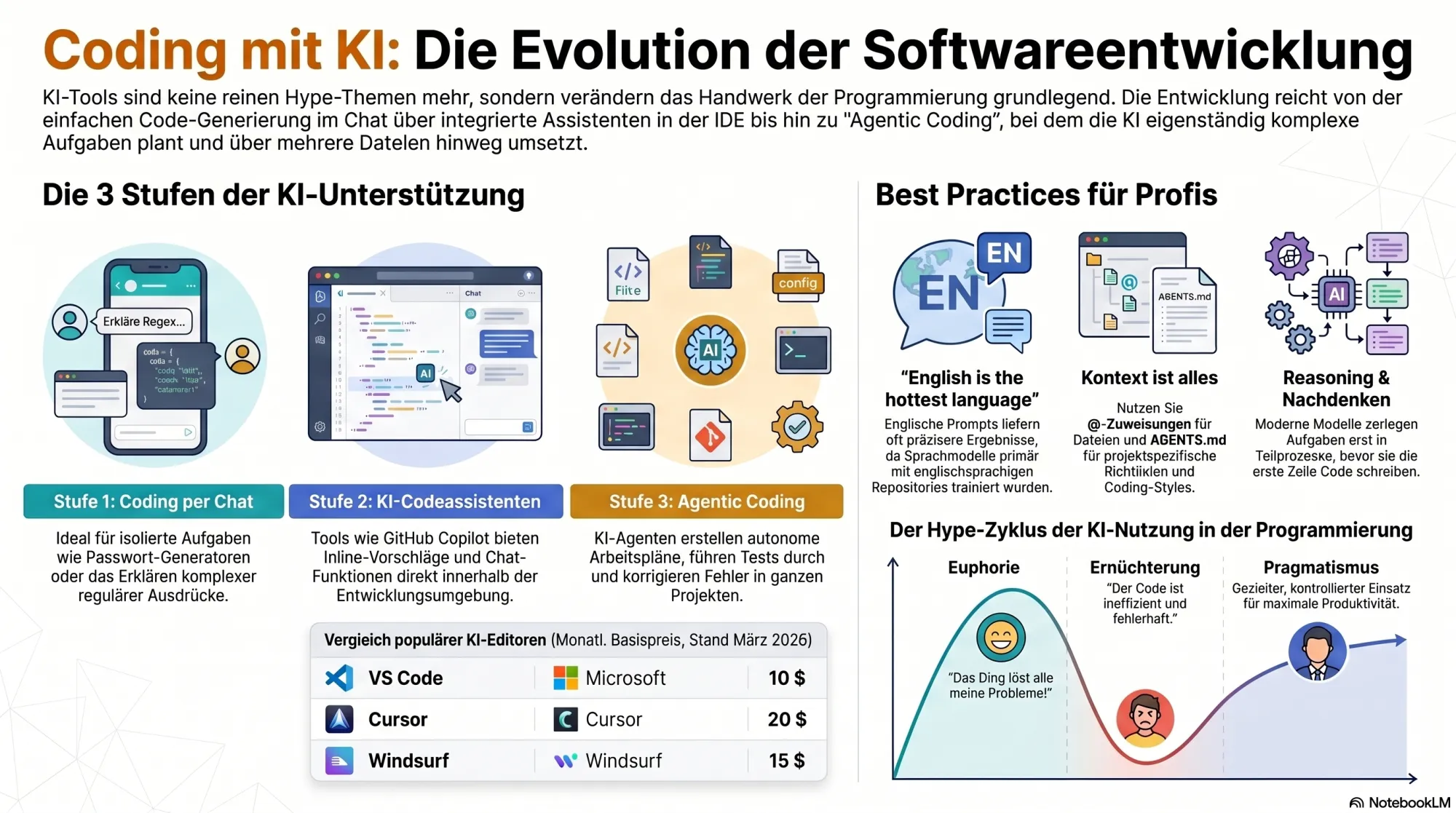 Infografik zur Evolution des KI-Codings: drei Stufen vom Chat bis Agentic Coding, Best Practices wie AGENTS.md gegen Cognitive Debt sowie der KI-Hype-Zyklus von Euphorie zu Pragmatismus.