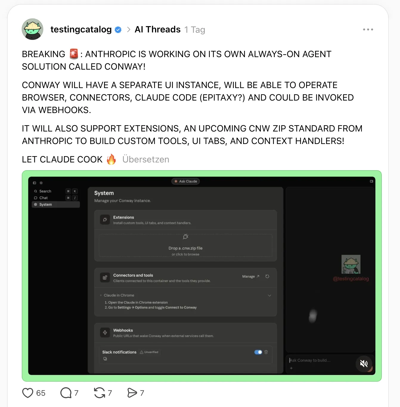 Conway System UI: Extensions, Connectors und Webhooks