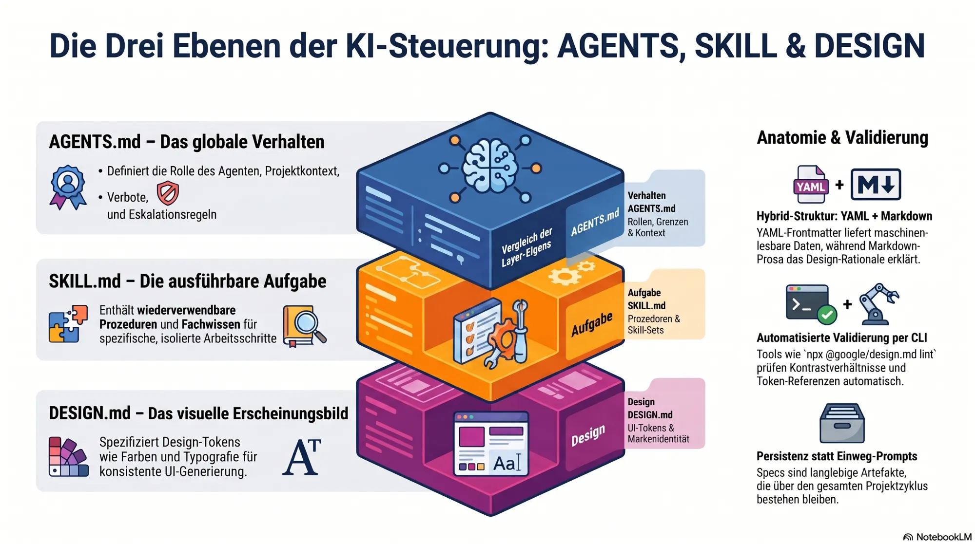 Die drei Ebenen der KI-Steuerung: AGENTS.md für Verhalten, SKILL.md für Aufgaben und DESIGN.md für das visuelle Erscheinungsbild, ergänzt um Hybrid-Struktur aus YAML und Markdown sowie CLI-Validierung