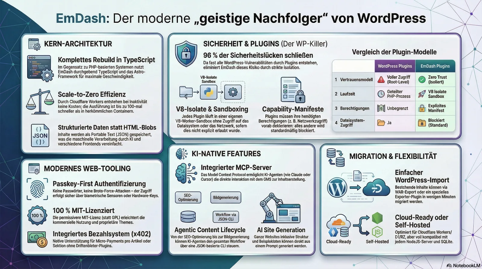 Infografik: EmDash CMS vs WordPress — Vergleich der Kern-Architektur, Plugin-Sicherheitsmodelle (V8-Sandboxing vs. Root-Level-Zugriff), KI-native Features mit MCP-Server und Agent Skills, sowie Migrations- und Hosting-Optionen