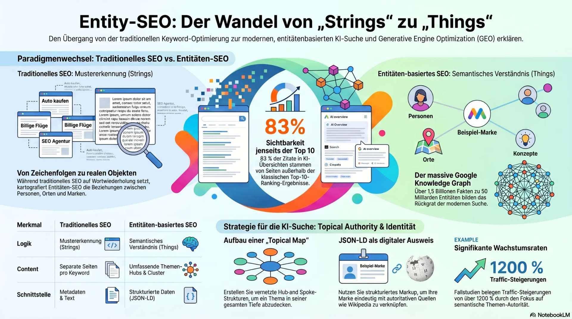 Infografik Entity SEO: Der Wandel von Strings zu Things – Vergleich zwischen traditionellem Keyword-SEO und entitätenbasiertem SEO mit Knowledge Graph, Topical Authority und JSON-LD