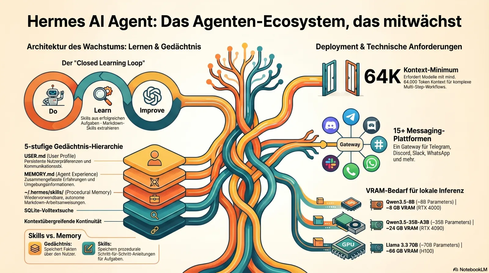 Architektur des Hermes Agent mit Sprachmodell, Werkzeugen, Gedächtnis und Messaging-Gateway