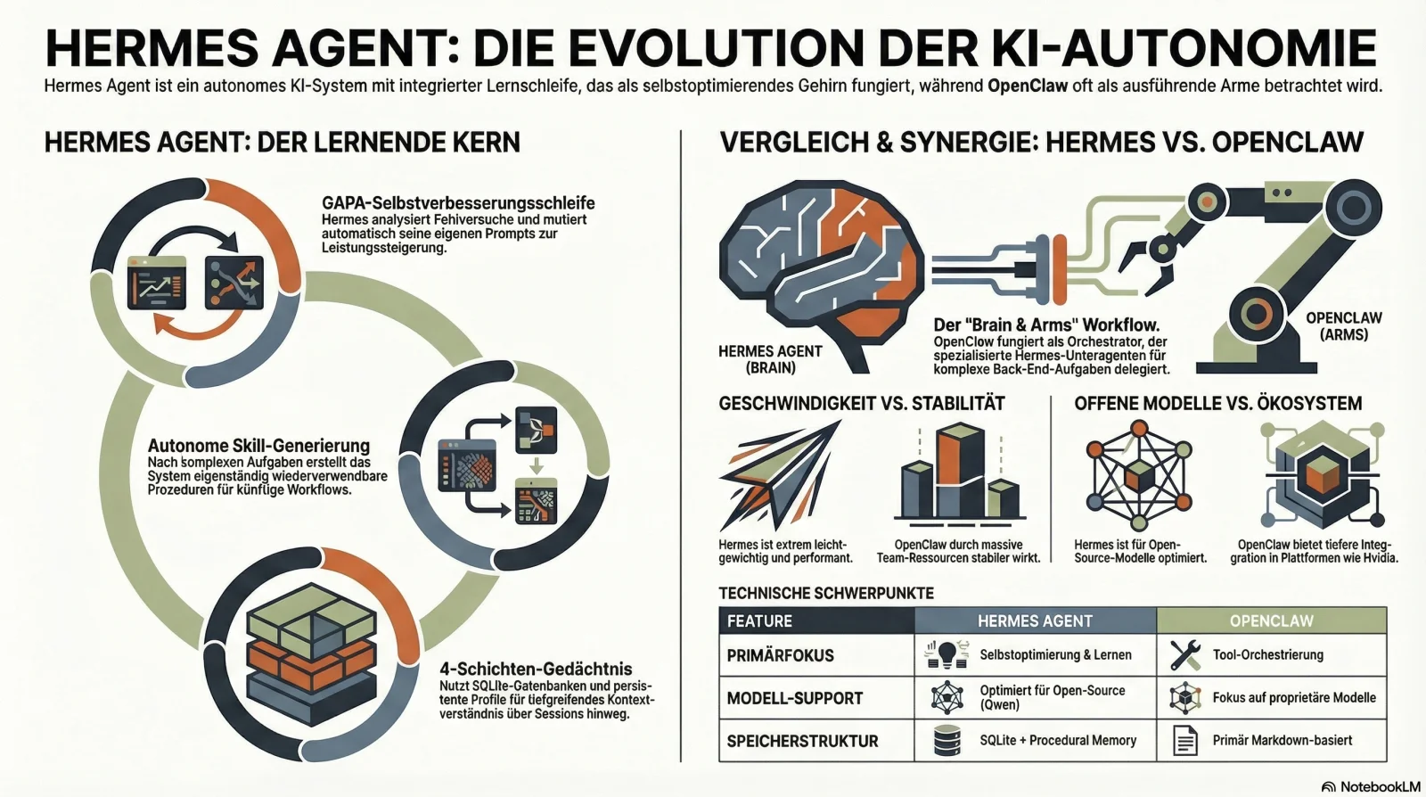Infografik: Hermes Agent vs. OpenClaw im Vergleich — GEPA-Selbstverbesserungsschleife, 4-Schichten-Gedächtnis, autonome Skill-Generierung und der Brain-and-Arms-Workflow zwischen beiden KI-Agenten mit technischer Feature-Tabelle.