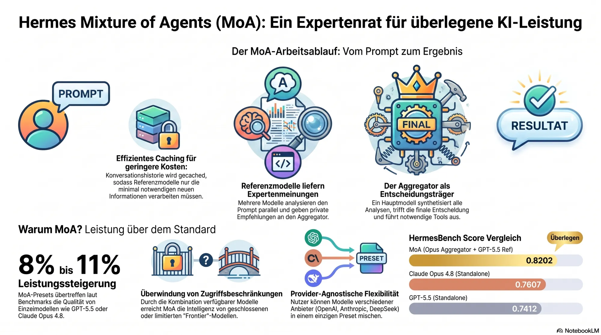Infografik: Hermes Mixture of Agents (MoA) Arbeitsablauf – Prompt, Referenzmodelle, Aggregator und Resultat mit HermesBench-Score-Vergleich von MoA (0,8202), Opus 4.8 (0,7607) und GPT-5.5 (0,7412)