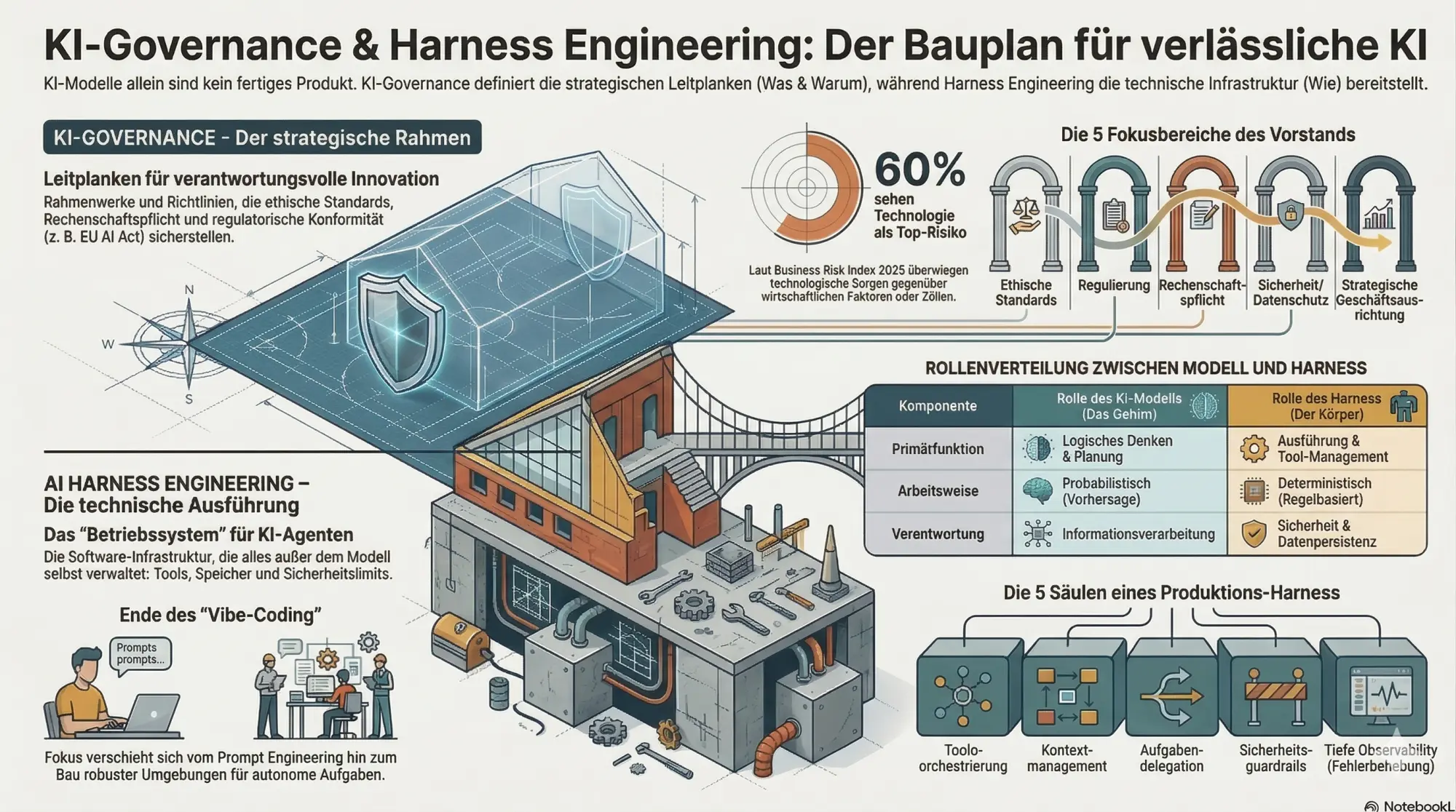 Infografik zu KI-Governance und Harness Engineering: Rollenverteilung zwischen Modell und Harness, die 5 Säulen eines Produktions-Harness und strategische Leitplanken für Vorstände