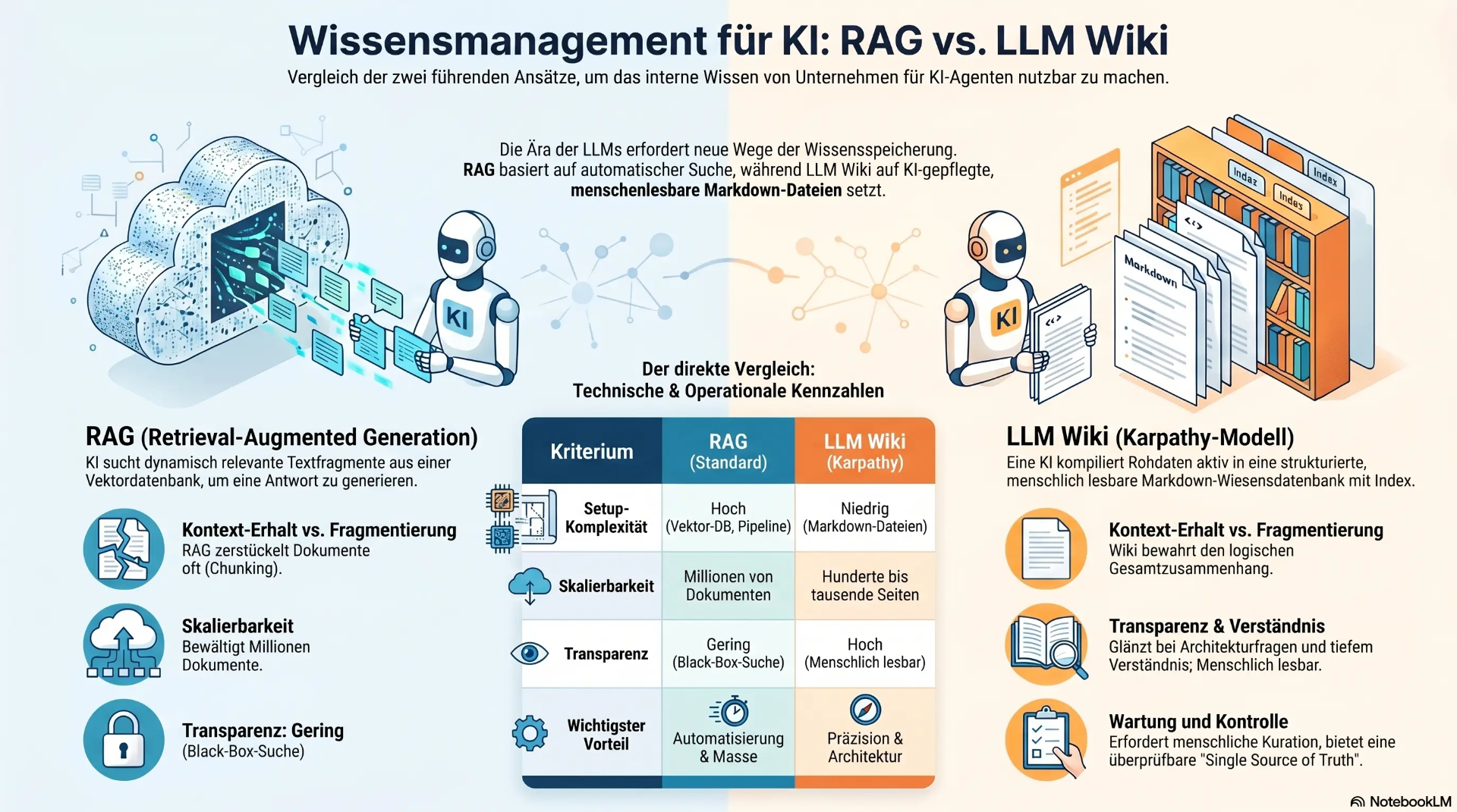 Infografik: RAG vs. LLM Wiki im Vergleich — Kennzahlen zu Setup-Komplexität, Skalierbarkeit, Transparenz und Wissensakkumulation