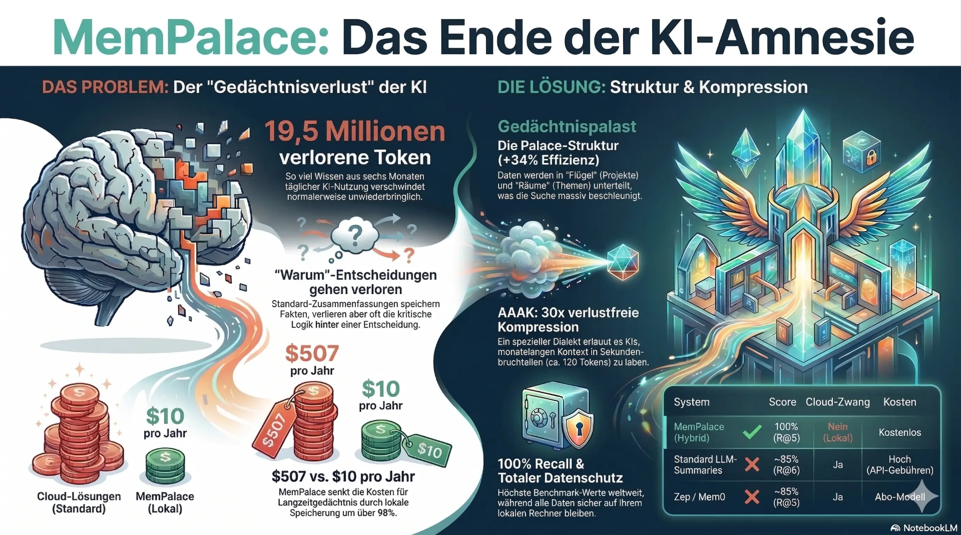 Infografik: MemPalace – Das Ende der KI-Amnesie. Problem und Lösung im Überblick.