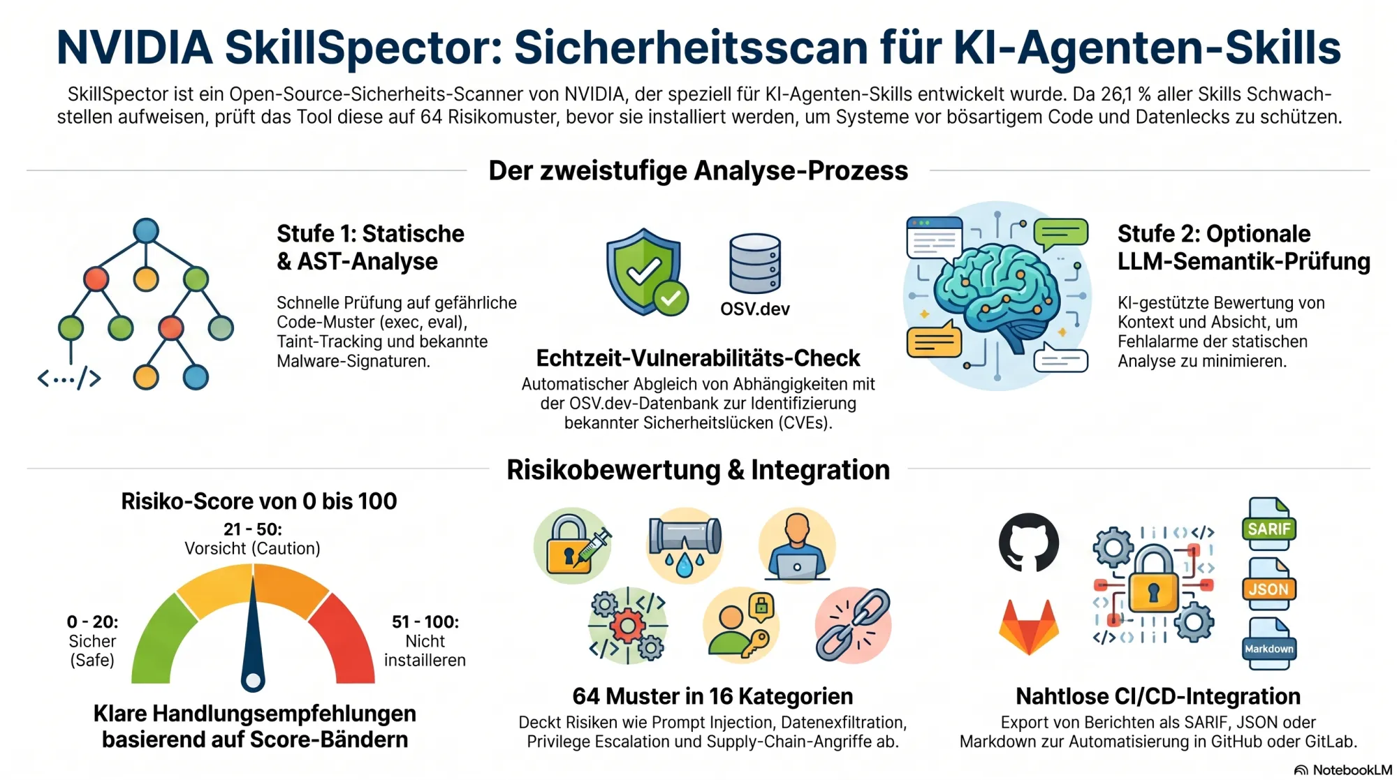NVIDIA SkillSpector im Überblick: zweistufiger Analyse-Prozess (statische und LLM-Prüfung), Risk Score 0 bis 100, 64 Prüfmuster in 16 Kategorien und CI/CD-Integration via SARIF
