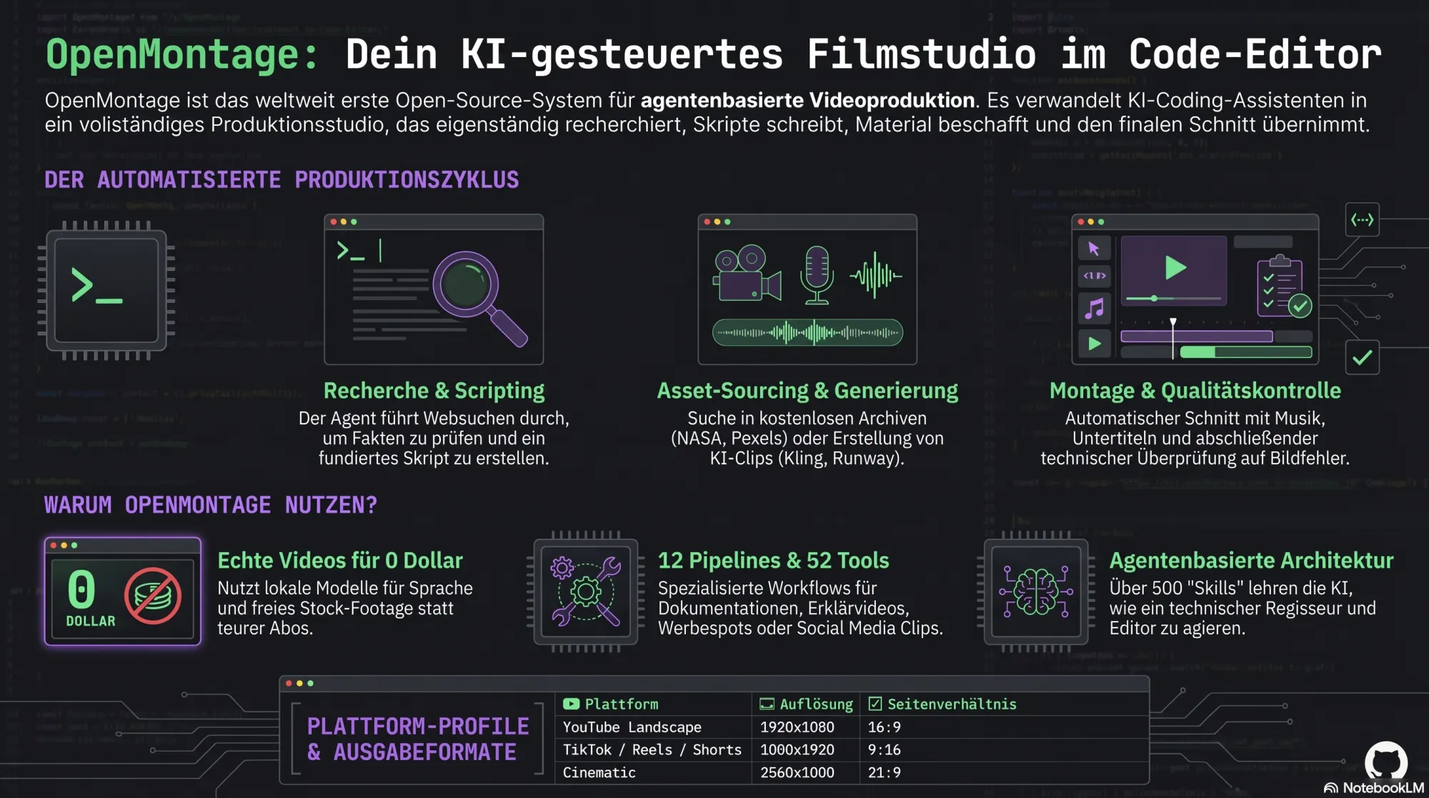 Infografik zu OpenMontage: agentenbasierte Videoproduktion im Code-Editor mit Produktionszyklus aus Recherche, Asset-Sourcing und Montage, 12 Pipelines, 52 Tools und Plattform-Ausgabeformaten