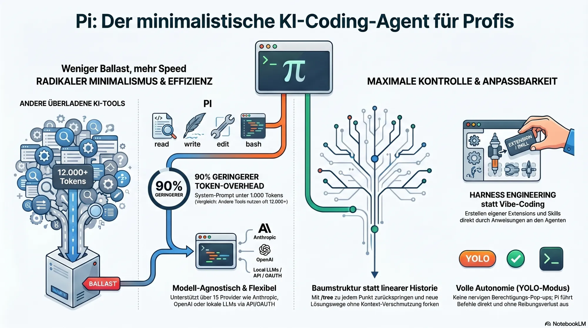 Infografik: Pi – minimalistischer KI-Coding-Agent mit vier Tools, Baumstruktur und Extensions