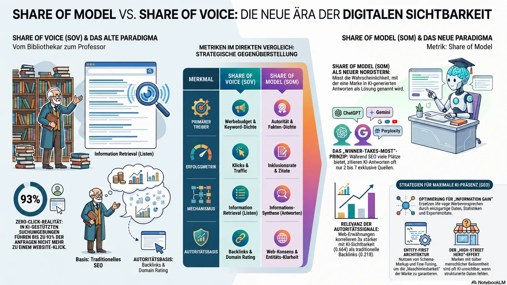 Infografik Share of Model vs. Share of Voice: Vergleich nach Treiber, Erfolgsmetrik, Mechanismus und Autoritätsbasis, ergänzt um Zero-Click-Realität in KI-Suchen und GEO-Strategien für Sichtbarkeit in ChatGPT, Gemini und Perplexity.