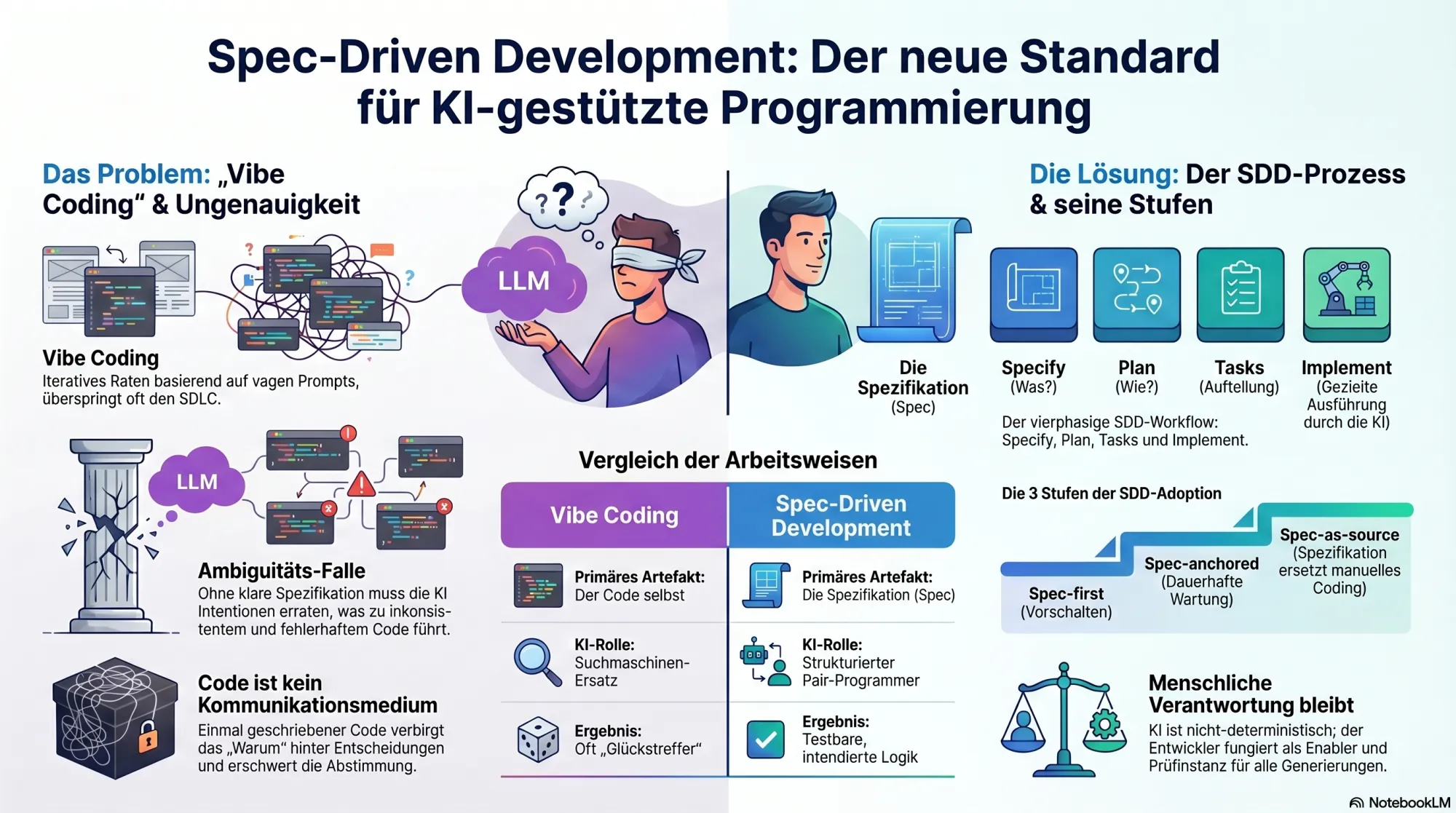 Infografik: Vibe Coding vs. Spec-Driven Development mit Vierphasen-Workflow Specify, Plan, Tasks, Implement und den drei Adoptionsstufen spec-first, spec-anchored, spec-as-source