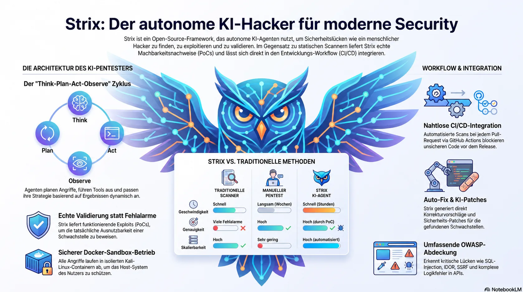 Infografik: Strix KI-Pentesting-Agent – Architektur, Vergleich mit klassischen Scannern und CI/CD-Integration
