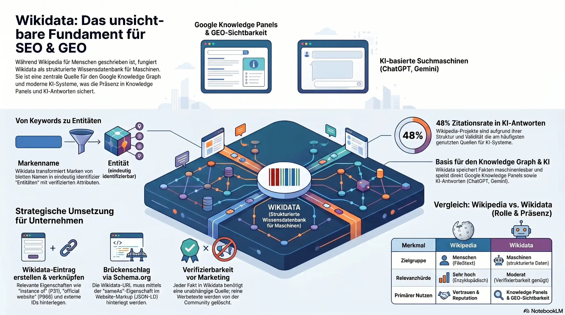 Infografik: Wikidata als strukturierte Wissensdatenbank für Google Knowledge Graph und GEO-Sichtbarkeit – Vergleich Wikipedia vs. Wikidata, Entity SEO und sameAs-Verknüpfung via Schema.org